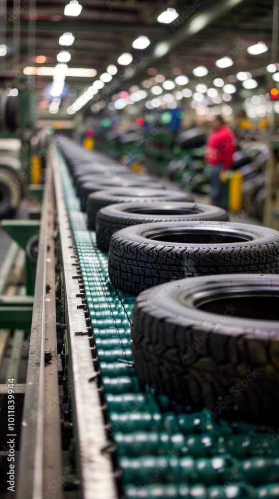 Image shows industrial tire production line with worker in red shirt. Multiple tires at different stages on conveyor belt, highlighting focus on auto tire manufacturing.
