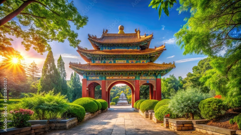 Ancient Chinese Gate with Intricate Architecture Surrounded by Lush Greenery and Blue Sky Ancient Chinese Gate with Intricate Architecture Surrounded by Lush Greenery and Blue Sky