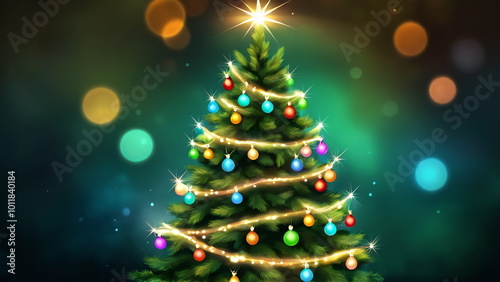 Beautifully decorated Christmas tree with lights and ornaments under a star on a colorful background, festive holiday scene, copy space