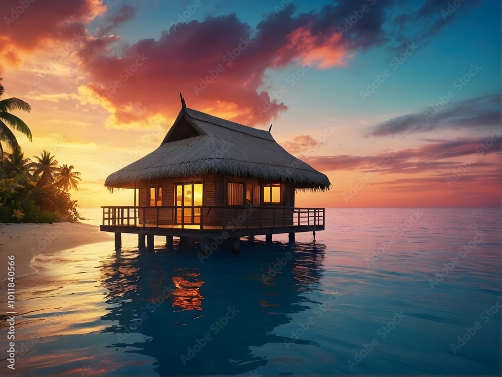 Experience the Serenity of a Tropical Beachfront Bungalow at Stunning Sunset Hours Experience the Serenity of a Tropical Beachfront Bungalow at Stunning Sunset Hours