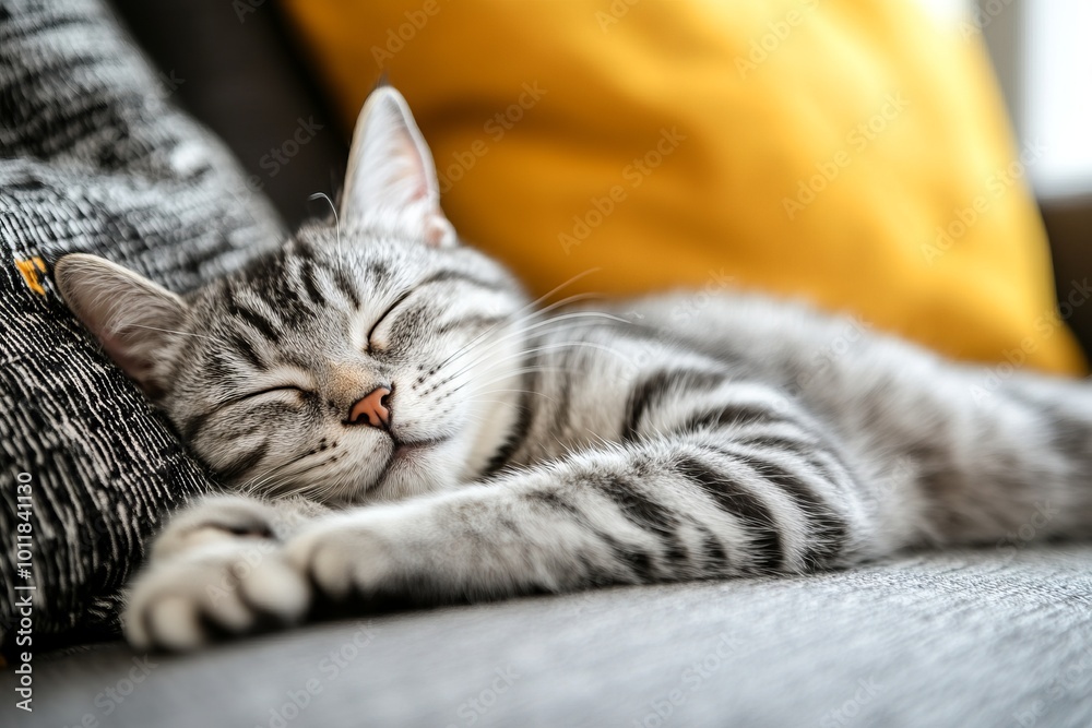 Close-Up of a Grey and White Cat Sleeping on the Sofa at Home. AI generated illustration Close-Up of a Grey and White Cat Sleeping on the Sofa at Home. AI generated illustration