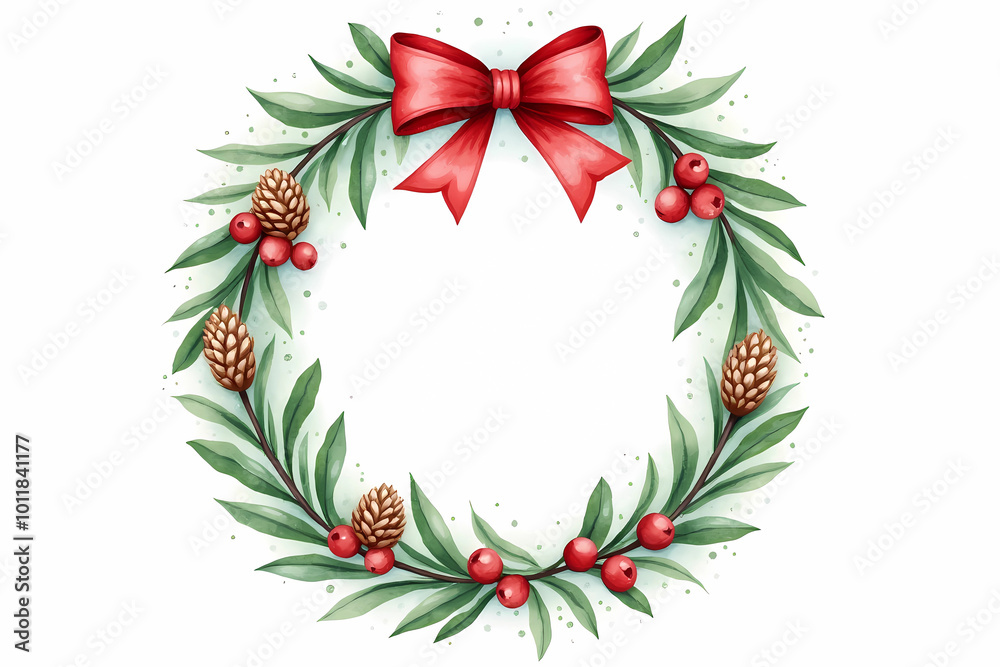 Festive Christmas wreath with vibrant red bow and natural pine cones in watercolor style with copy space Festive Christmas wreath with vibrant red bow and natural pine cones in watercolor style with copy space