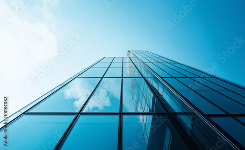 A modern glass skyscraper seen from below against a blue sky  symbolizing architecture  growth  and corporate success. 