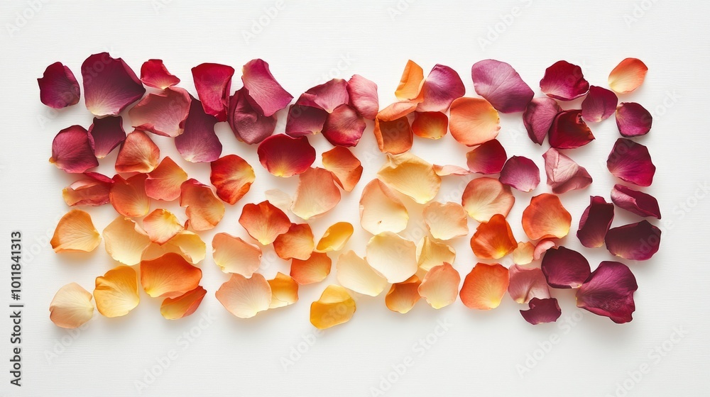 A whimsical flat lay of scattered rose petals in various shades, arranged artistically on a white background, perfect for wedding or floral design inspiration. A whimsical flat lay of scattered rose petals in various shades, arranged artistically on a white background, perfect for wedding or floral design inspiration.
