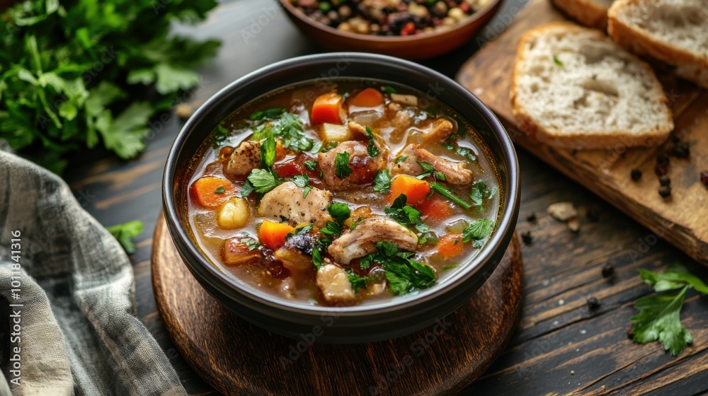 Delicious chicken stew is served in a bowl, garnished with fresh parsley Delicious chicken stew is served in a bowl, garnished with fresh parsley