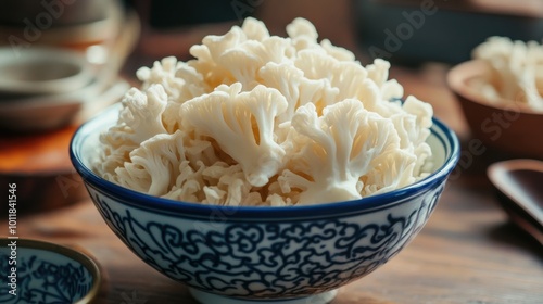 White coral mushrooms in blue and white bowl on wooden table