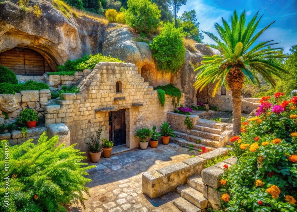 Fototapeta premium Ancient Jesus Tomb in Israel Surrounded by Stone Walls and Greenery, A Symbol of Faith and History