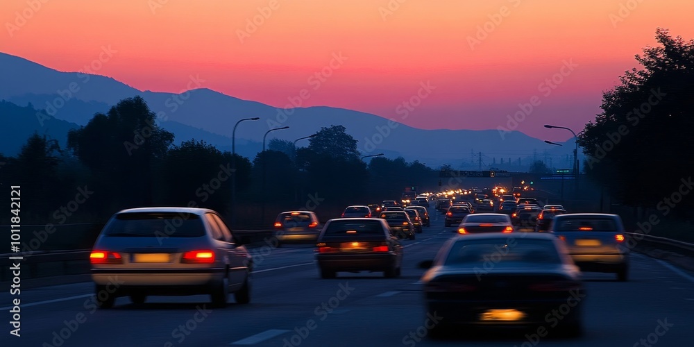Silhouette of Cars Against the Sunset: Create a dramatic image of cars driving toward the sunset, silhouetted against the vibrant orange and pink sky as the day fades. Silhouette of Cars Against the Sunset: Create a dramatic image of cars driving toward the sunset, silhouetted against the vibrant orange and pink sky as the day fades.
