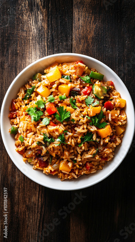 Enjoy a spicy rice bowl with fresh veggies on a wooden table. Healthy, delicious, and colorful meal option. Top view on white background. Perfect for lunch or dinner