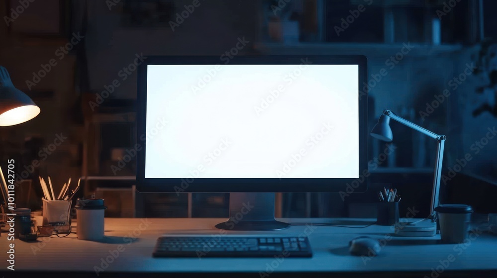 Naklejka premium A dimly lit workspace featuring a blank monitor and desk items, ideal for productivity.