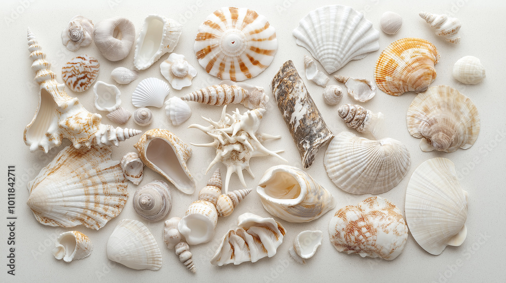 Collection of various seashells arranged on a soft white background. Collection of various seashells arranged on a soft white background.