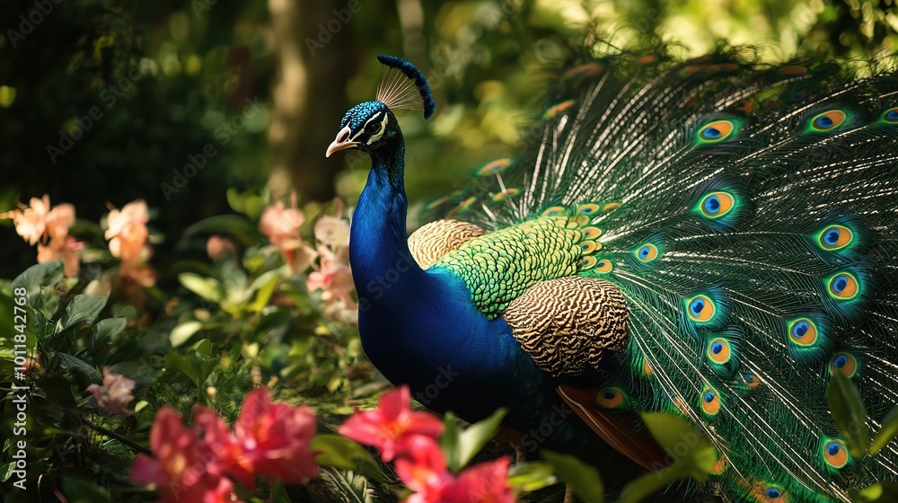 Obraz premium Stunning Peacock Displaying Colorful Feathers in Garden