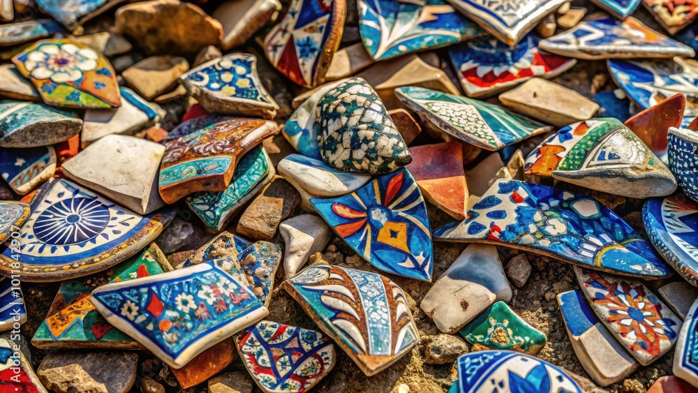 Ancient pottery shards scattered on the ground showcasing intricate designs and historical significance Ancient pottery shards scattered on the ground showcasing intricate designs and historical significance