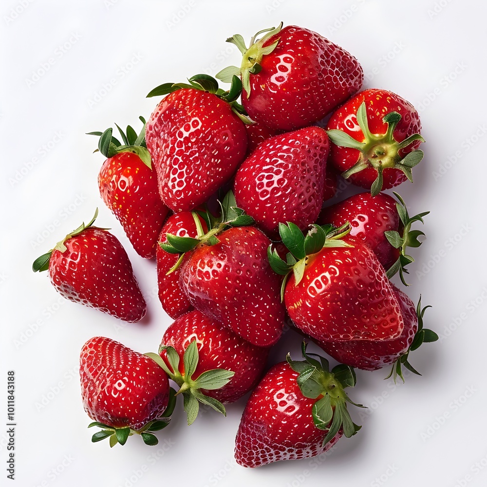 Cluster of Vibrant Red Strawberries with Leaves Artfully Arranged on White Background Cluster of Vibrant Red Strawberries with Leaves Artfully Arranged on White Background