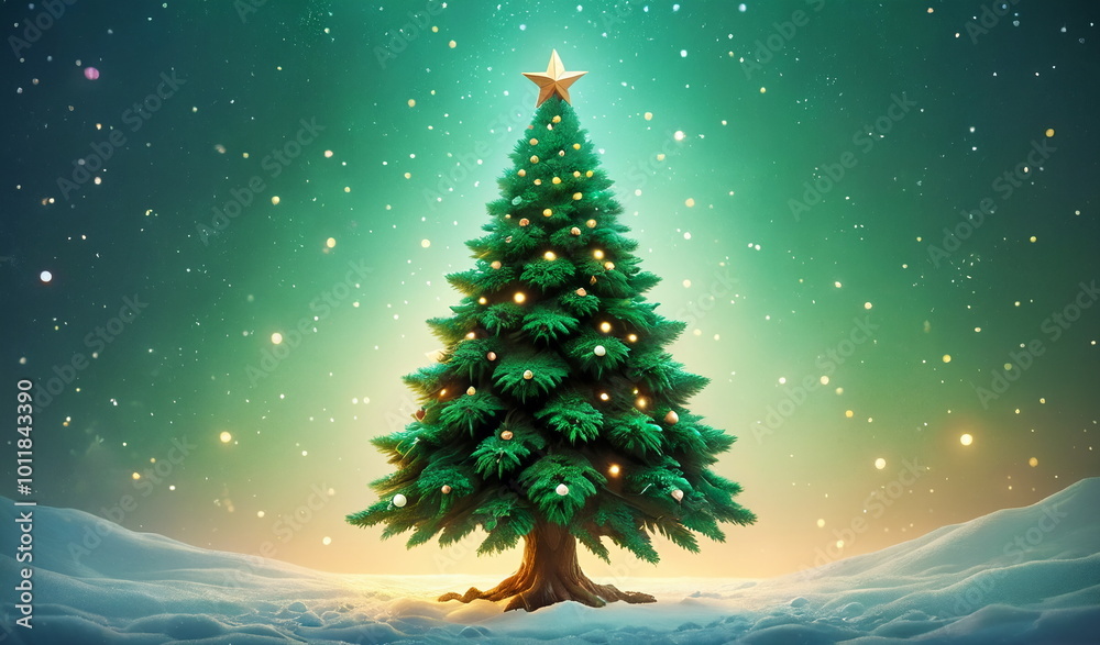 Beautifully decorated Christmas tree with lights and star on a snowy background and copy space Beautifully decorated Christmas tree with lights and star on a snowy background and copy space