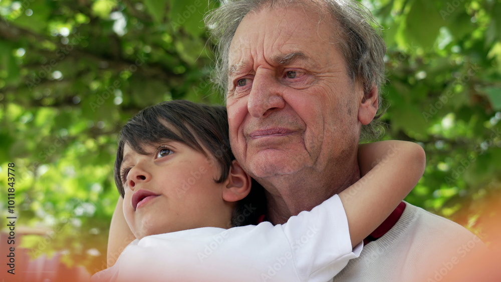 Grandfather and grandson looking upwards while hugging at an outdoor cafe, capturing a thoughtful and loving moment between generations, surrounded by lush green foliage Grandfather and grandson looking upwards while hugging at an outdoor cafe, capturing a thoughtful and loving moment between generations, surrounded by lush green foliage