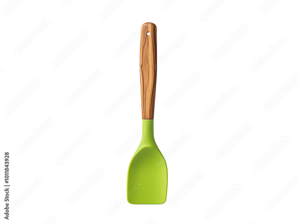 Green silicone spatula with a long wooden handle, essential kitchen tool, isolated on white background PNG transparent. Green silicone spatula with a long wooden handle, essential kitchen tool, isolated on white background PNG transparent.