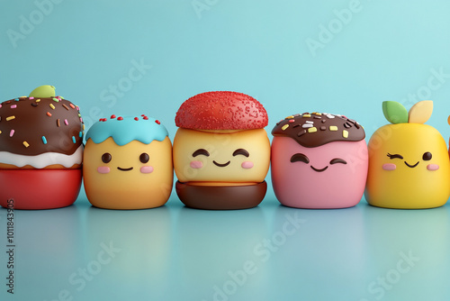 Cute Kawaii Food Characters with Adorable and Playful Design, Happy Expressions, and Bright Colors