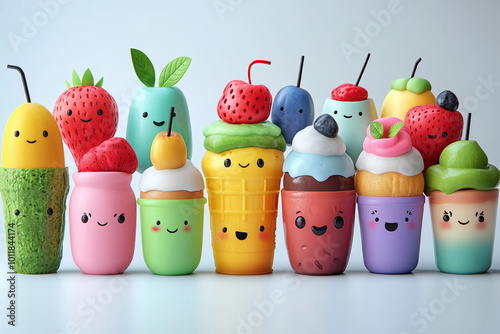 Cute Kawaii Food Characters with Adorable and Playful Design, Happy Expressions, and Bright Colors