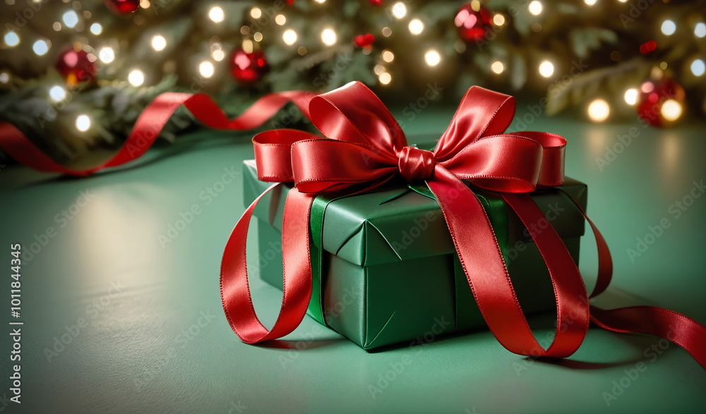 Wrapped green Christmas gift with a red bow in front of a decorated tree and warm lights with copy space Wrapped green Christmas gift with a red bow in front of a decorated tree and warm lights with copy space