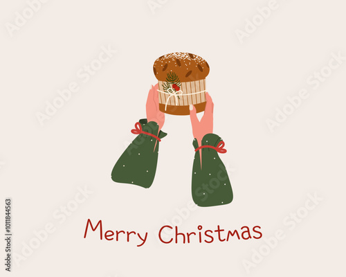 Woman's hands cooking and decorating home-baked Christmas cake vector cartoon illustration. Christmas festive food, cakes, bakery, cute winter holiday pie. Holiday dessert hand drawn card, poster. 