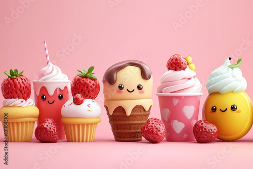 Cute Kawaii Food Characters with Adorable and Playful Design, Happy Expressions, and Bright Colors