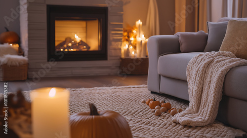Wallpaper Mural A cozy living room decorated for fall with warm lighting, candles, and a lit fireplace. Torontodigital.ca
