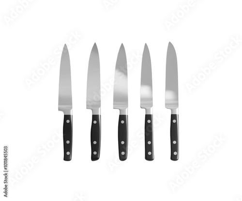 Set of Japanese kitchen knives on a white background, fully visible and centered. PNG transparent.