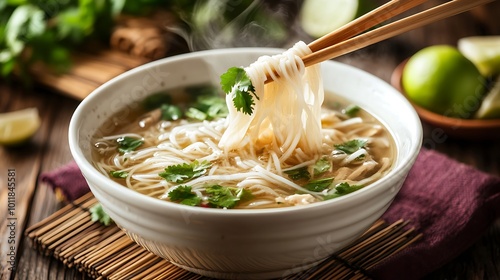 Fresh Vietnamese pho soup with noodles and vibrant herbs photo