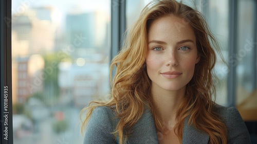 Young businesswoman smiling confidently while standing by office window in an urban setting