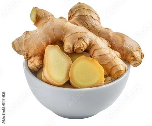 Pickled ginger in a white bowl, fully visible on a white background. PNG transparent.