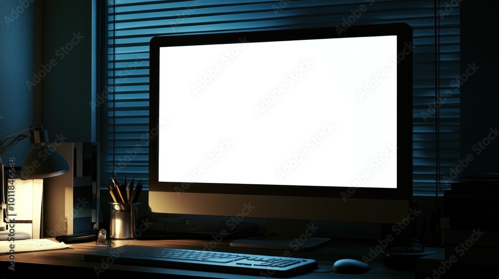 Fototapeta premium A dimly lit workspace featuring a blank computer screen and a desk lamp.