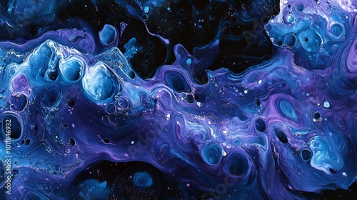 Brilliant blue and purple inks splash across a black background, making a stunning, abstract picture that looks like something from space.