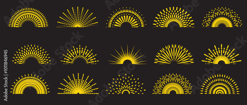 Sunburst vector icons set. Set of vintage half sunburst on dark background. Sunrise collection in gold color. Bursting, light, starburst rays, or sunrise firework design elements. Vector Illustration.