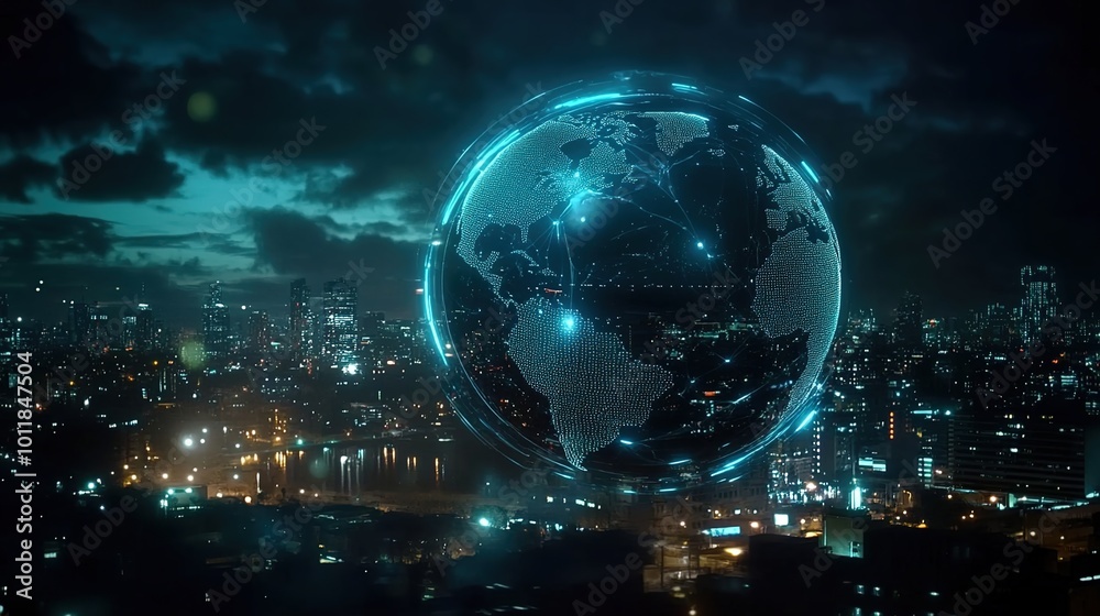 A large holographic globe floats above the city at night, glowing with digital data and cyberpunk light effects. A large holographic globe floats above the city at night, glowing with digital data and cyberpunk light effects.