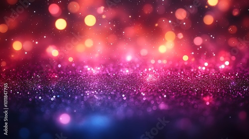 Abstract blurred background with sparkling purple, pink, and red lights and glitter.