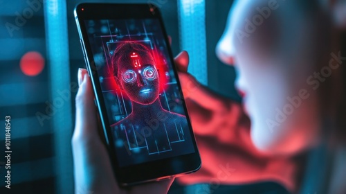 A passwordless login system displayed on a smartphone, with facial recognition security, emphasizing modern identity theft protection methods photo