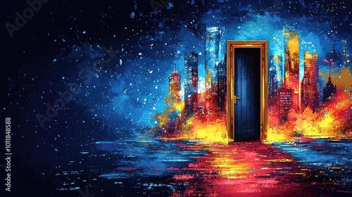 Colorful abstract cityscape with an open door leading to a glowing pathway