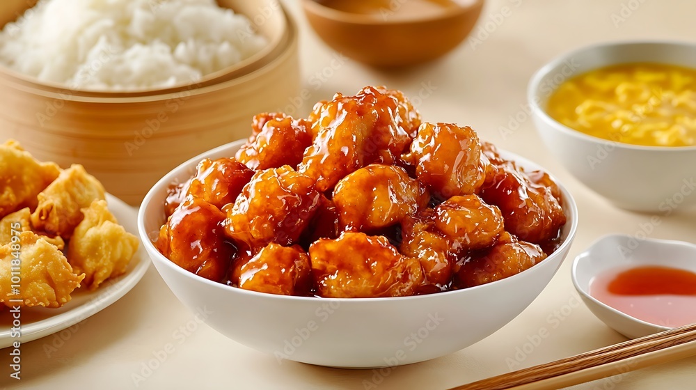 Sweet and sour chicken bites with rice and sauce bowls Sweet and sour chicken bites with rice and sauce bowls