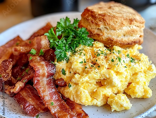 Scrambled eggs with bacon and biscuits on a breakfast plate