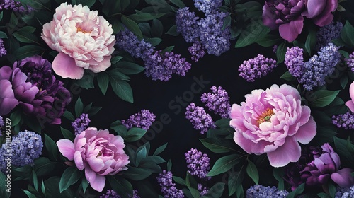 Beautiful pattern with peony and lilac flowers on a black background that you can change.