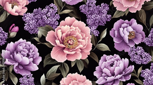 Beautiful pattern with peony and lilac flowers on a black background that you can change.