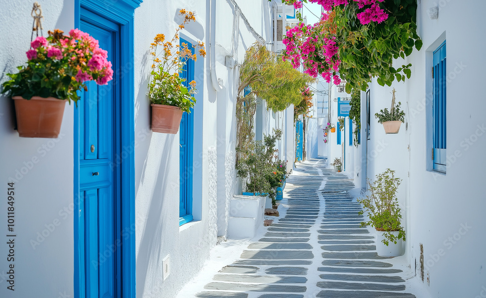 Fototapeta premium A picturesque Greek street with white-washed buildings, vibrant blue doors, and colorful flowers under a bright blue sky.