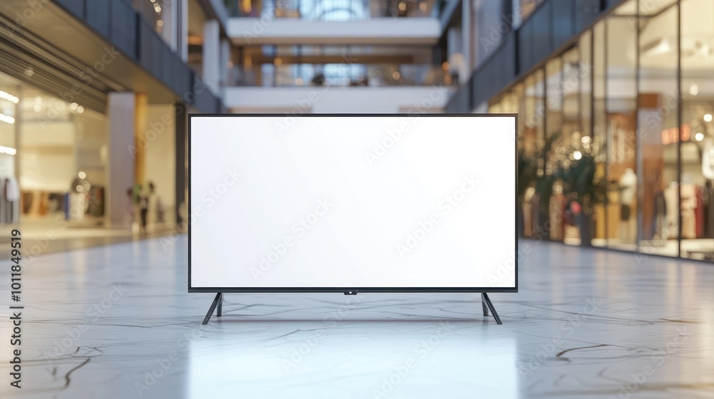 A blank television screen displayed in a modern shopping mall setting. A blank television screen displayed in a modern shopping mall setting.