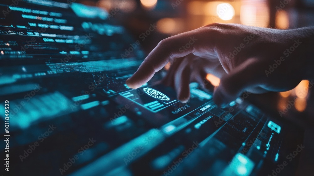 A person using biometric and password hybrid security to log into an online account, showcasing advanced cybersecurity measures A person using biometric and password hybrid security to log into an online account, showcasing advanced cybersecurity measures