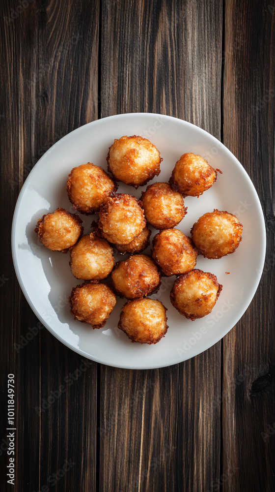Dark wooden table with a white plate filled with golden brown, deep fried cheese balls Dark wooden table with a white plate filled with golden brown, deep fried cheese balls