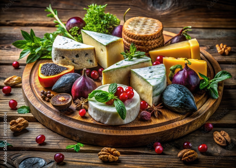 Assorted gourmet cheese platter with fruits, nuts, and herbs on a rustic wooden background Assorted gourmet cheese platter with fruits, nuts, and herbs on a rustic wooden background
