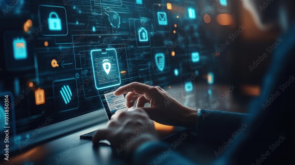 A secure browsing concept, with a user accessing a privacy-focused browser on a desktop, surrounded by internet security icons A secure browsing concept, with a user accessing a privacy-focused browser on a desktop, surrounded by internet security icons