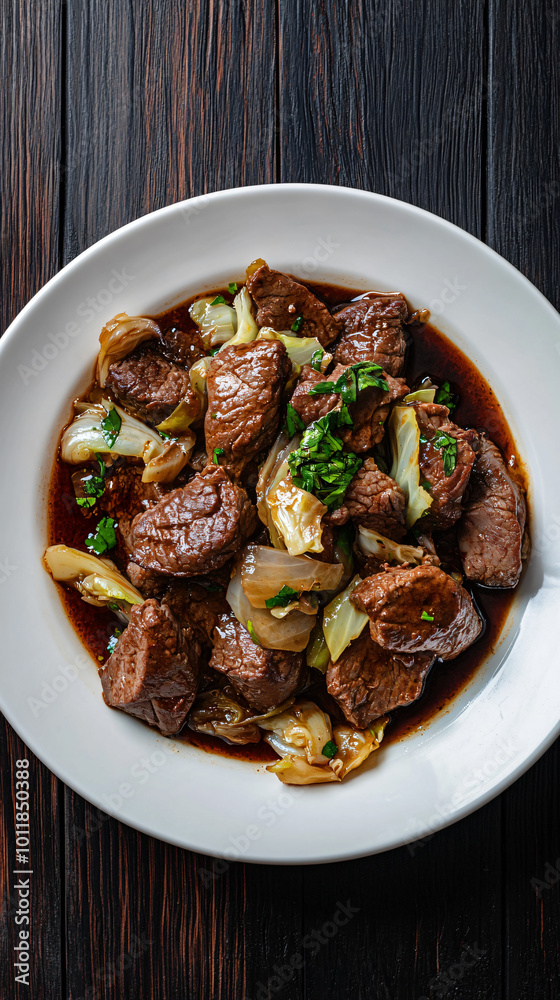 Savory beef and cabbage stir fry with delectable sauce, topped with fresh parsley, presented on a white plate against a rustic wooden backdrop Savory beef and cabbage stir fry with delectable sauce, topped with fresh parsley, presented on a white plate against a rustic wooden backdrop
