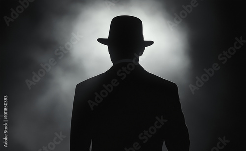 A shadowy figure wearing a hat, standing alone in a dark, misty alleyway, evoking mystery and suspense.